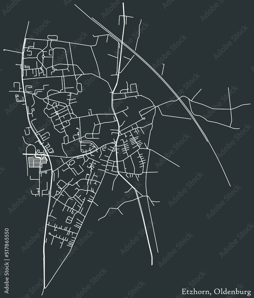 Detailed negative navigation white lines urban street roads map of the ETZHORN DISTRICT of the German regional capital city of Oldenburg, Germany on dark gray background