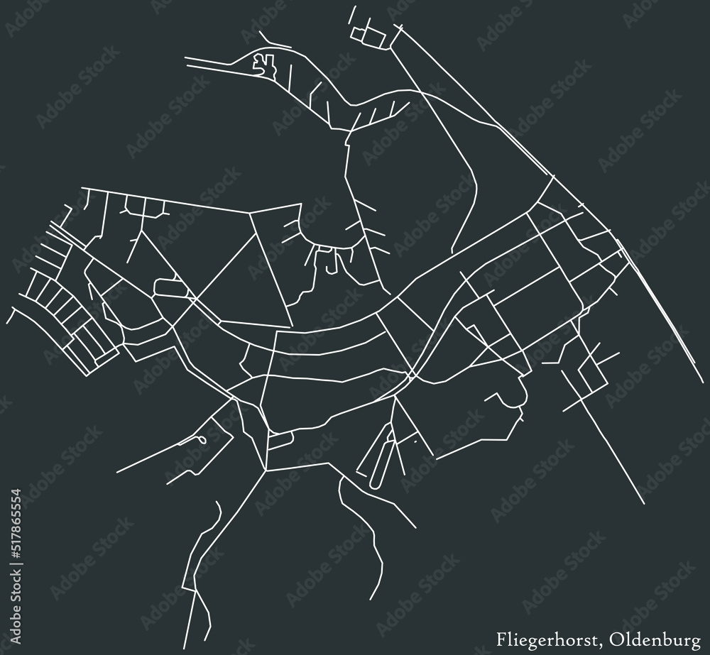 Detailed negative navigation white lines urban street roads map of the FLIEGERHORST DISTRICT of the German regional capital city of Oldenburg, Germany on dark gray background
