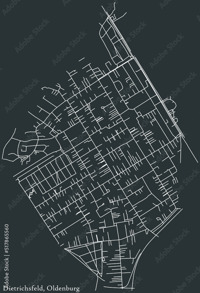 Detailed negative navigation white lines urban street roads map of the DIETRICHSFELD DISTRICT of the German regional capital city of Oldenburg, Germany on dark gray background
