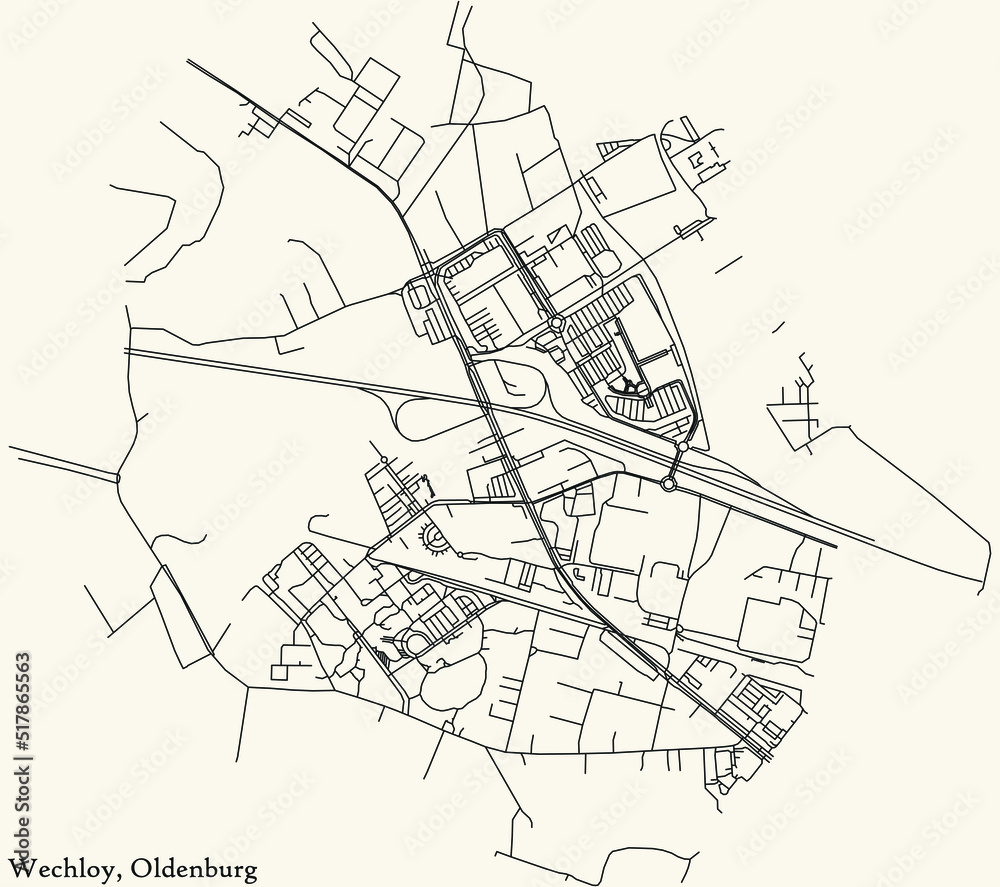 Detailed navigation black lines urban street roads map of the WECHLOY DISTRICT of the German regional capital city of Oldenburg, Germany on vintage beige background