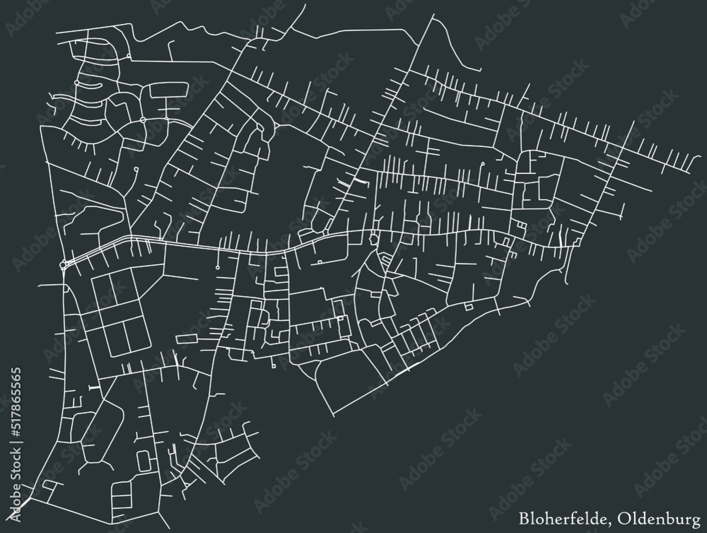 Detailed negative navigation white lines urban street roads map of the BLOHERFELDE DISTRICT of the German regional capital city of Oldenburg, Germany on dark gray background