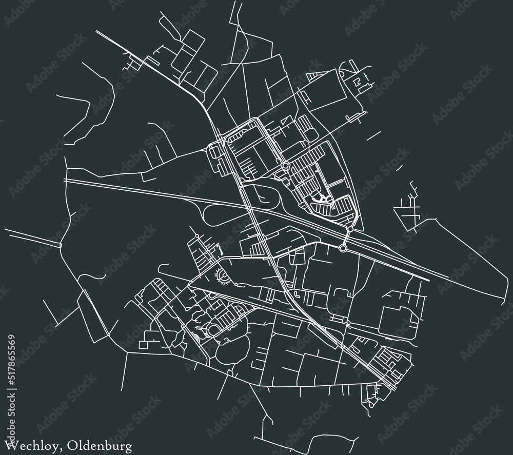 Detailed negative navigation white lines urban street roads map of the WECHLOY DISTRICT of the German regional capital city of Oldenburg, Germany on dark gray background