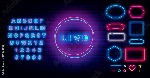 Live neon signboard. On air label. Radio podcast badge. Frames collection. Shiny blue alphabet. Vector illustration