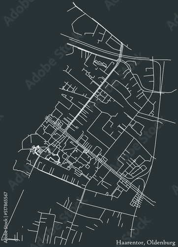 Detailed negative navigation white lines urban street roads map of the HAARENTOR DISTRICT of the German regional capital city of Oldenburg, Germany on dark gray background
