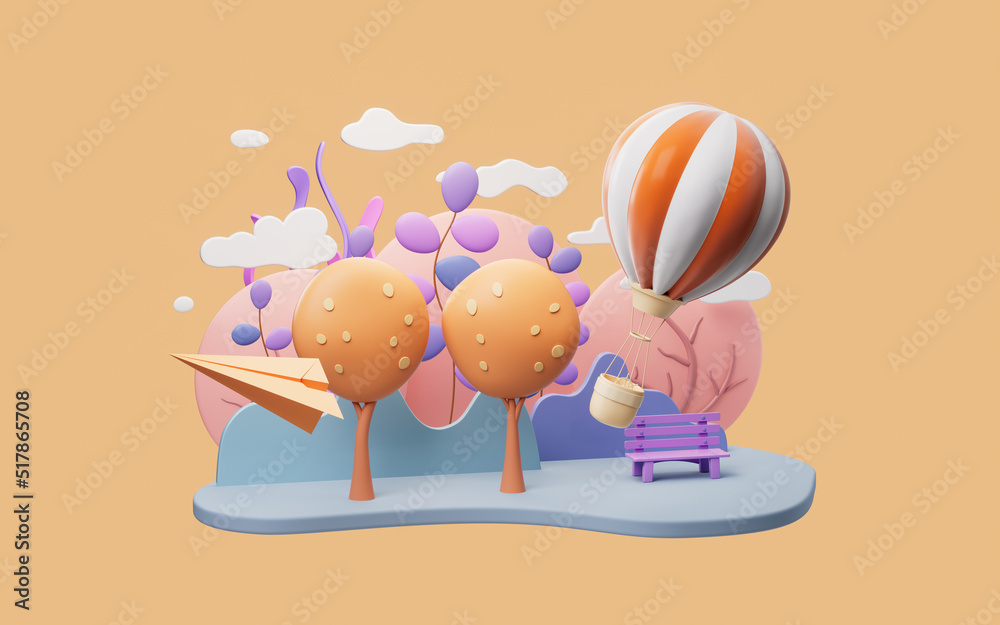 Cartoon hot air balloon with park scene, 3d rendering. Cartoon hot air balloon with park scene, 3d rendering.