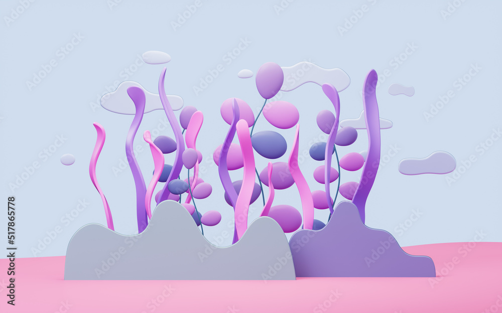 Seabed scene with cartoon style, 3d rendering.