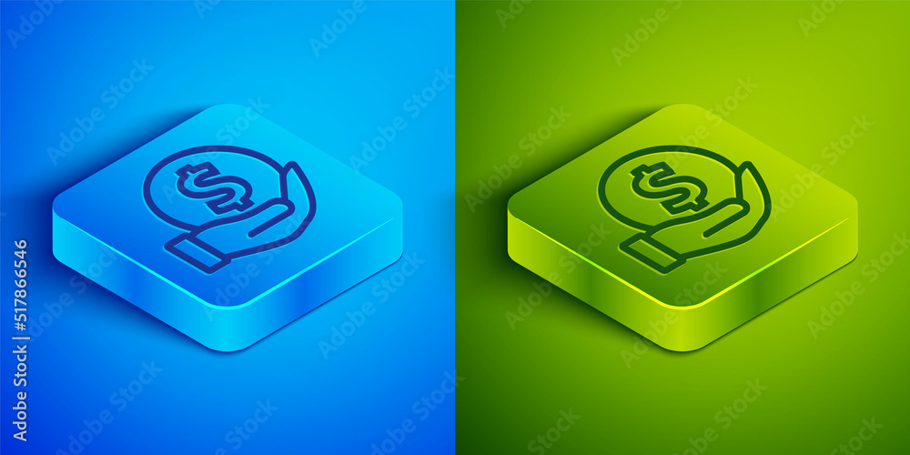 Isometric line Money with shield icon isolated on blue and green background. Insurance concept. Security, safety, protection, protect concept. Square button. Vector Isometric line Money with shield icon isolated on blue and green background. Insurance concept. Security, safety, protection, protect concept. Square button. Vector