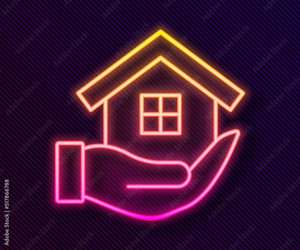 Glowing neon line House in hand icon isolated on black background. Insurance concept. Security, safety, protection, protect concept. Vector Glowing neon line House in hand icon isolated on black background. Insurance concept. Security, safety, protection, protect concept. Vector