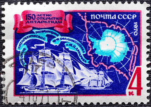 USSR - CIRCA 1970: A stamp printed in Soviet Union shows Vostok and Mirny vessels, map of Antarctic, 150 Ann. of Bellinsgauzen and Lazarev's Antarctic Expedition serie, circa 1970 photo