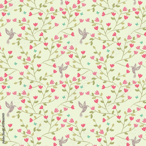Seamless pattern pink flower and little bird on green background.