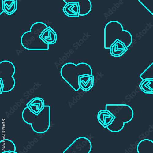 Green line Life insurance with shield icon isolated seamless pattern on blue background. Security, safety, protection, protect concept. Vector