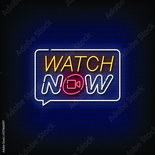 Neon Sign watch now with Brick Wall Background Vector