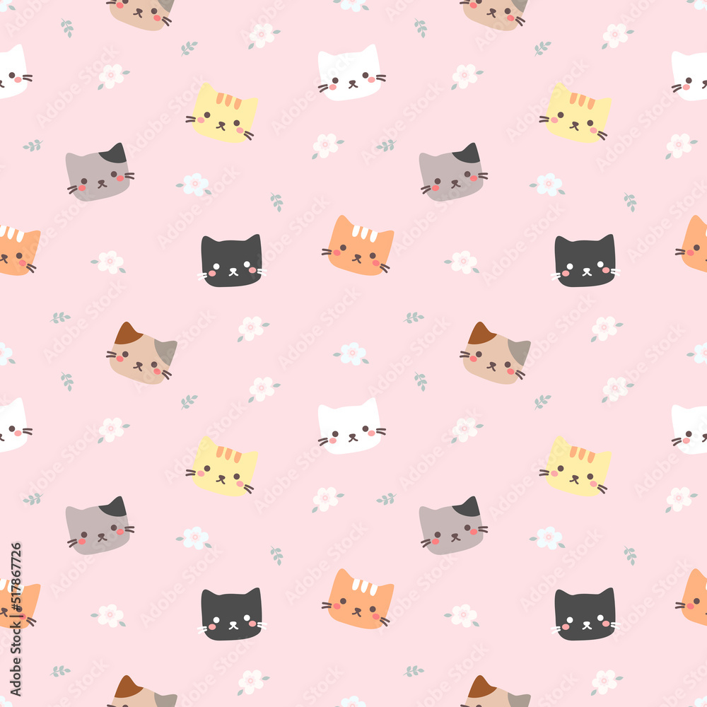 Seamless pattern cute cat on pink background.