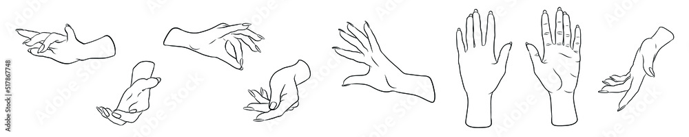 Set of hand drawn linear female hands. Vector human hands isolated on white background. Hands gestures. Tattoo. Magic, boho, mystic, occult, esoteric, spiritual, witchcraft design elements Set of hand drawn linear female hands. Vector human hands isolated on white background. Hands gestures. Tattoo. Magic, boho, mystic, occult, esoteric, spiritual, witchcraft design elements