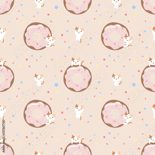 Seamless pattern cute cat eating donut.