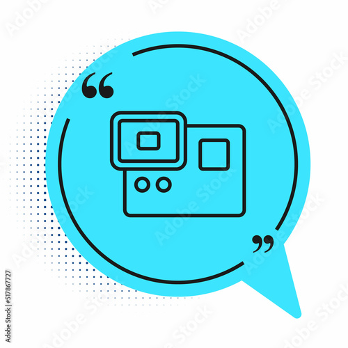 Black line Action extreme camera icon isolated on white background. Video camera equipment for filming extreme sports. Blue speech bubble symbol. Vector