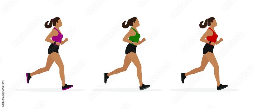 Obraz premium Three female characters in sportswear running on a white background