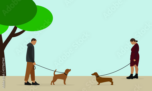 Male character and female character walking with dogs in the park