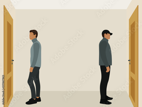 Two male characters stand in front of closed doors indoors