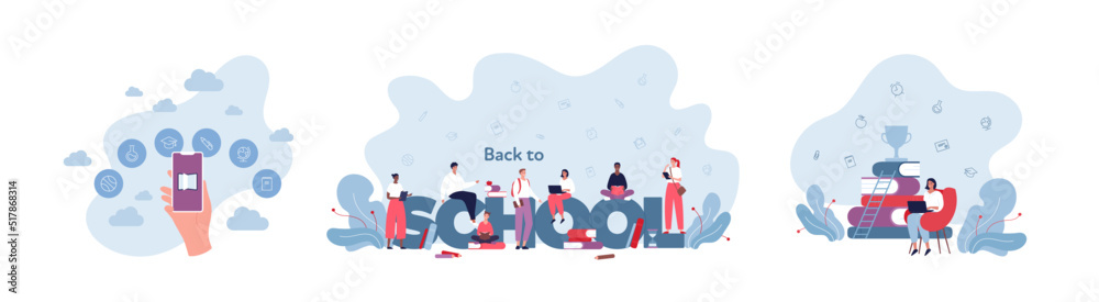 Education concept bundle. Vector flat illustration set. Hand hold ...