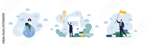 Education concept bundle. Vector flat illustration set. Female student sit on planet earth globe with laptop and wifi symbol. Male student graduate. Businessman with flag and book.