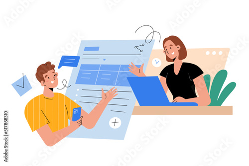 Colleagues or business partners working at the same shared document, editing using laptop and mobile app, discussing project via video conference from home office, cloud computing concept. Cartoon