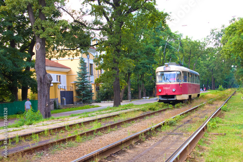 Red tram in Pushcha-Vodytsya, Kyiv region, Ukraine