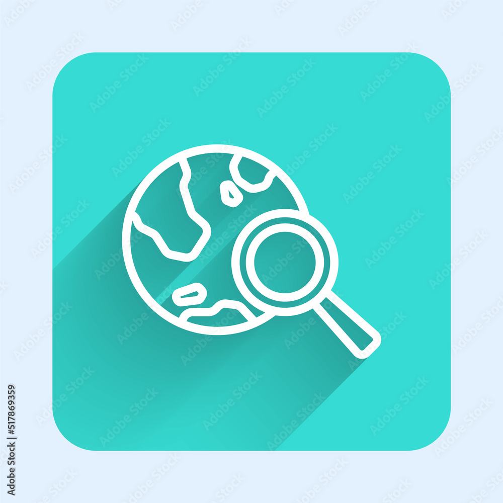 Obraz premium White line Magnifying glass with globe icon isolated with long shadow background. Analyzing the world. Global search sign. Green square button. Vector