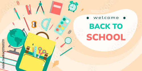 Welcome back to school for websites and promotional materials. Kid backpack. Stationery pictograms.  Horizontal banner, poster.  Sale of leaflets, advertising.  Vector  illustration.