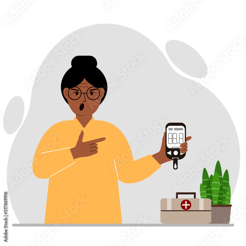 Screaming woman holds a glucometer in his hand. The concept of blood sugar control, diabetic.