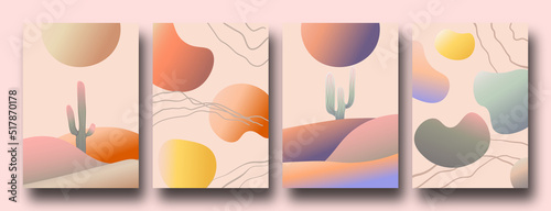 Trendy set of abstract creative nature scenes in a minimalist artistic hand drawn compositions. 