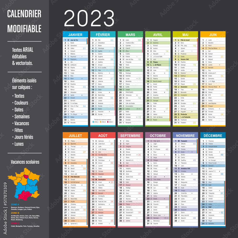 Calendrier 2023 modifiable - Eléments isolés sur calques, textes en