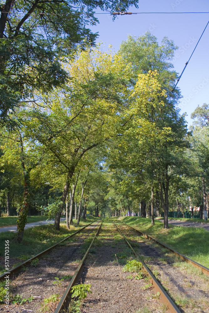 Tram track in Pushcha-Vodytsya, Kyiv region, Ukraine	
