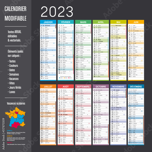 Calendrier 2023 modifiable - Eléments isolés sur calques, textes en Arial, éditables et vectorisés.