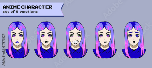 Design of a female gothic purple-haired anime character showing different expressions and emotions. Pastel goth trendy style.