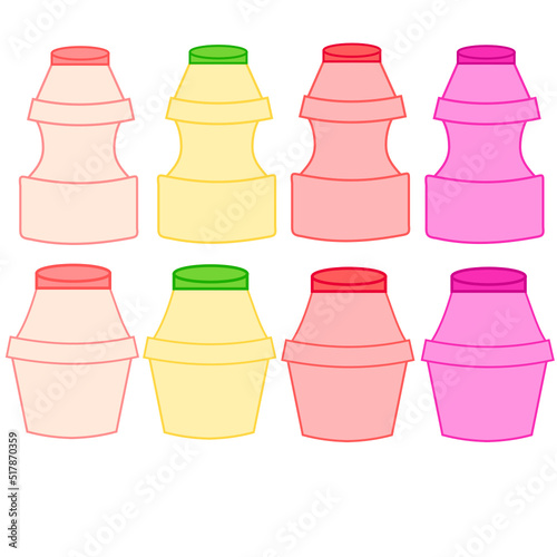 Set of bottles isolated on white background.Popular korean drink.Yogurt or probiotic drink.Milk curd.Sign, symbol, icon or logo isolated.Flat design.Fresh and juicy.Cartoon vector illustration.
