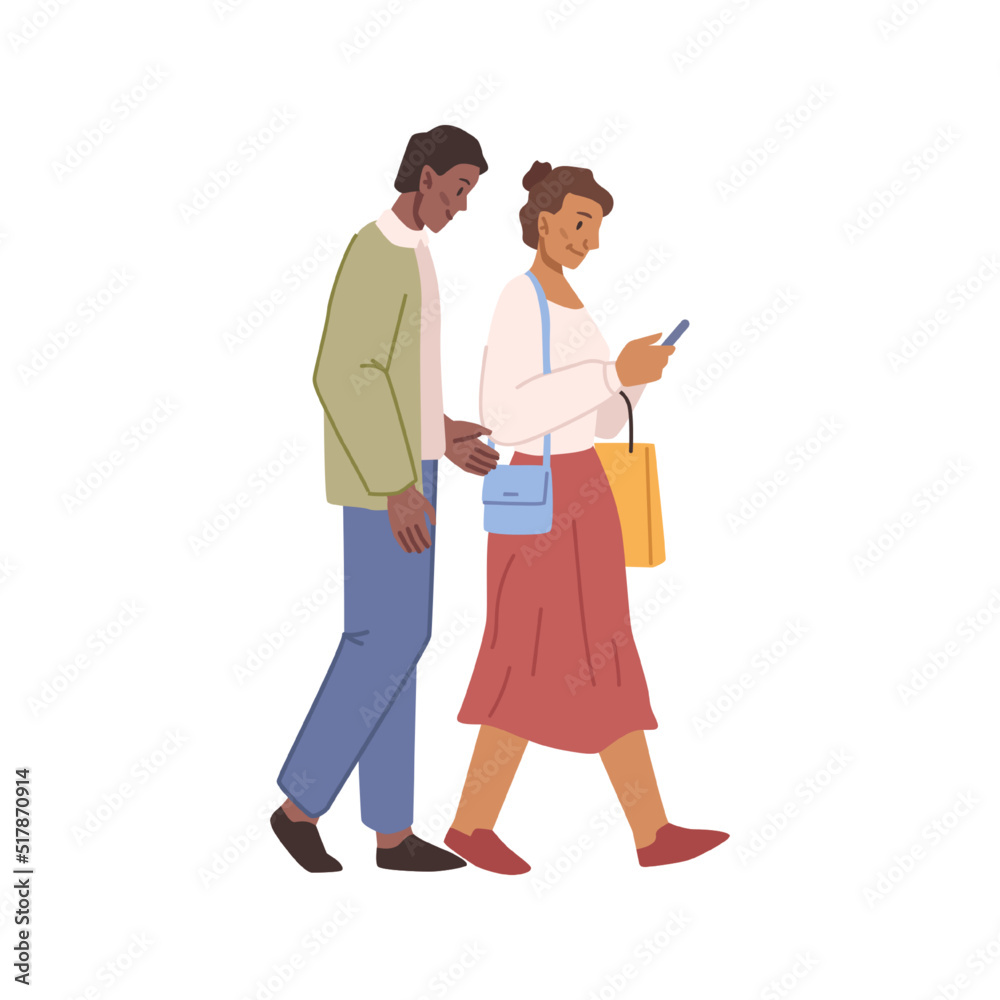 Happy couple man and woman with smartphone walking together isolated flat cartoon characters. Vector illustration of people on walk in casual cloth, romantic date Happy couple man and woman with smartphone walking together isolated flat cartoon characters. Vector illustration of people on walk in casual cloth, romantic date