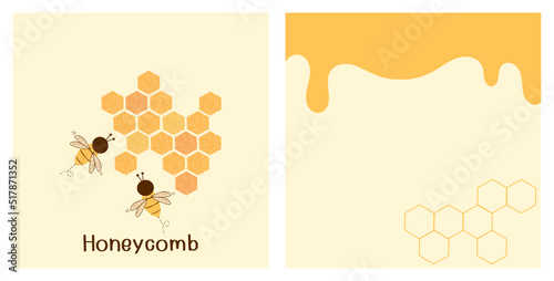 Abstract beehive honeycomb sign logo, bee cartoons and honey drop on yellow background vector illustration.