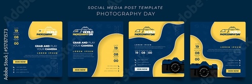 Set of social media post template in blue yellow cut out background for world photography day design