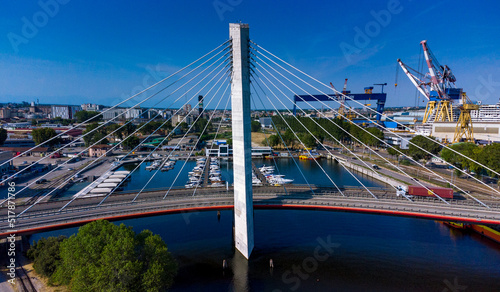 Bridge over docks aerial view