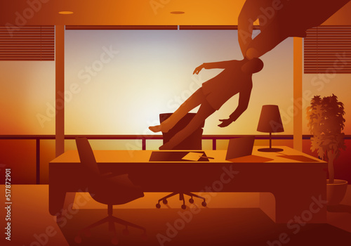 Concept du management en entreprise et du licenciement, avec le symbole d’un homme qui perd sa place en étant éjecté de son siège.