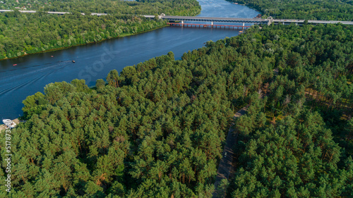 Aerial view summer forest and river in sunny day. Drone shot beautiful nature landscape, green trees