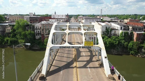 Edmund Pettus bridge in Selma, Alabama with drone video pulling out.