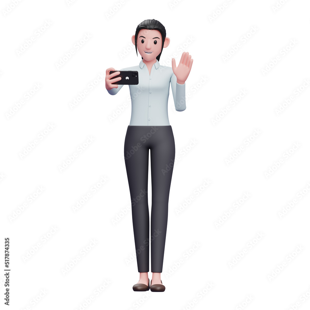 Cute Business woman make video calls, 3d render character illustration Cute Business woman make video calls, 3d render character illustration
