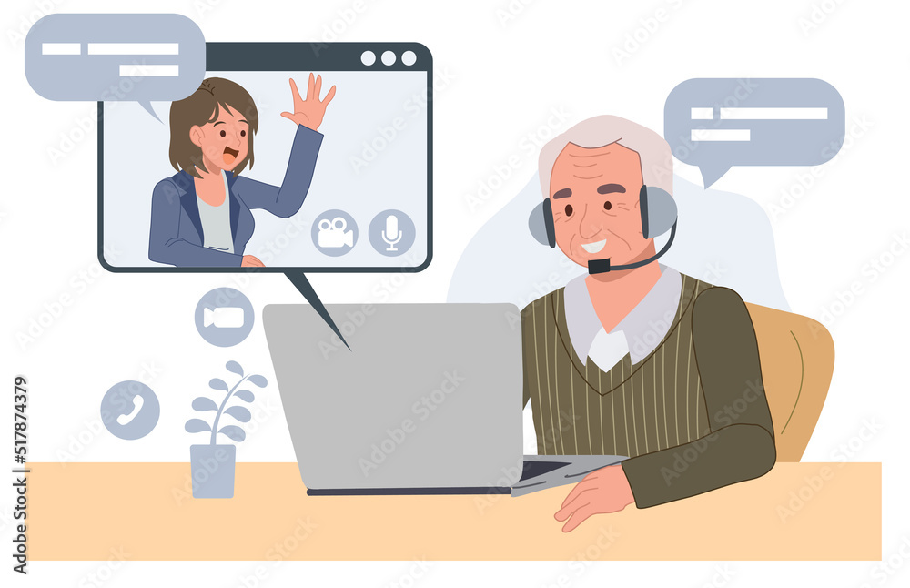 old man making video call with adult daughter, chatting communicating online using computer application, vector cartoon illustration old man making video call with adult daughter, chatting communicating online using computer application, vector cartoon illustration