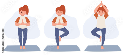 girl child practicing yoga, standing in Vrksasana exercise with namaste, Tree pose, working out.children and healthy lifestyle sport vector illustration.