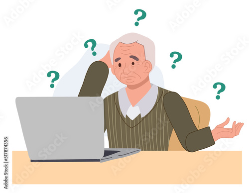 old man don't know how to use laptop.senior man with technology problem concept. vector illustration