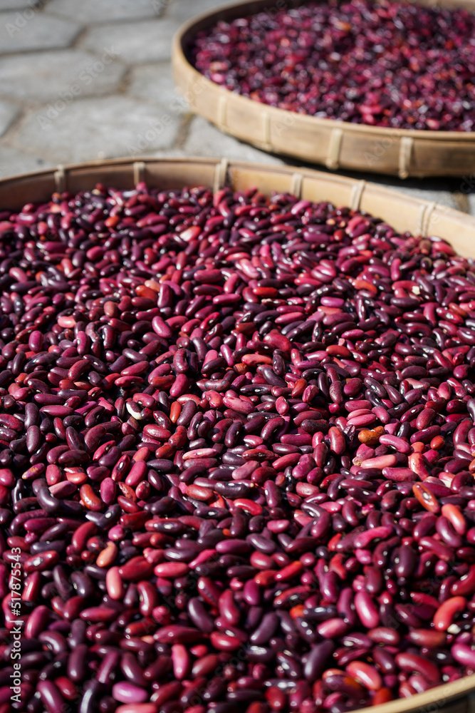 Close up red bean seeds in a bamboo container Close up red bean seeds in a bamboo container