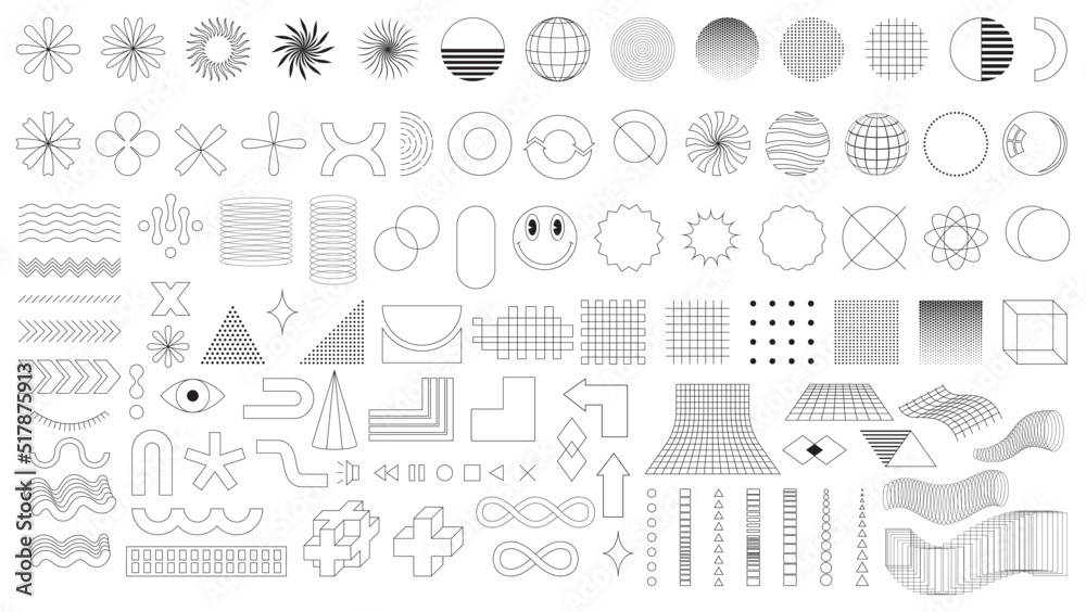 A set of trendy minimalistic linear icons and shapes for web design, posters, clothes, flyers, covers. Universal elements in vaporwave and brutalism style. Retro futurism shapes. Vector illustrations