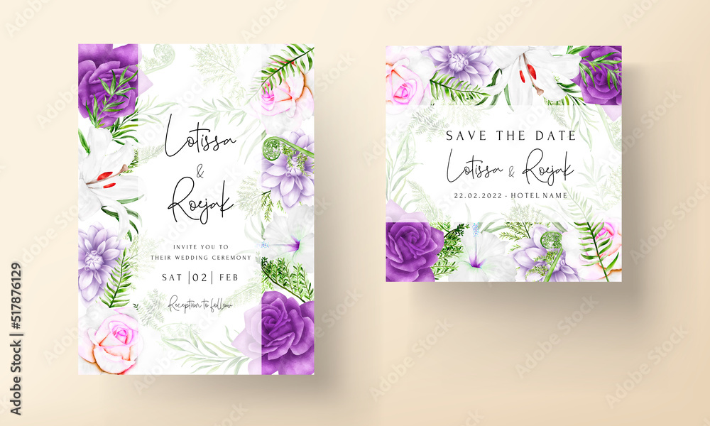 purple flower and leaves wedding invitation card template Stock Vector ...